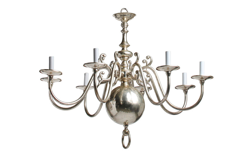 Silver Brass Baroque Style Eight Light Chandelier, Holland 20th