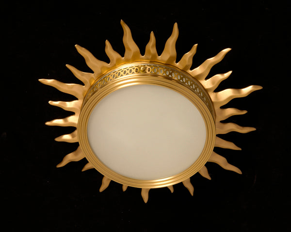 SUNBURST Gilt Bronze and Frosted Glass Three Light Flushmount wi