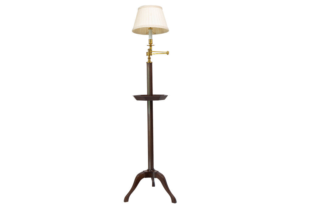 Mahogany And Gilt Brass One Light Swing Arm Floor Lamp With Tabl Default