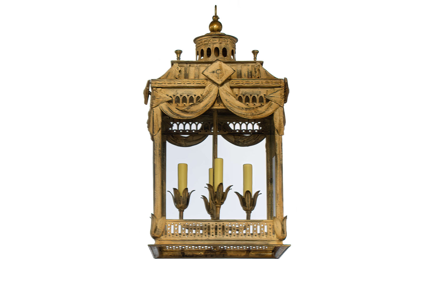 Painted Iron And Paneled Glass Palladian Style Four Light Lantern
