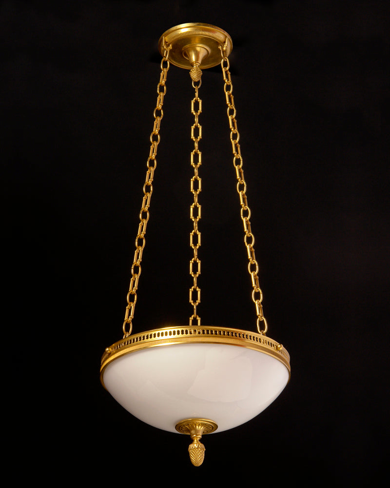 Gilt Bronze Gallery and Opaline Glass Three Light Pendant