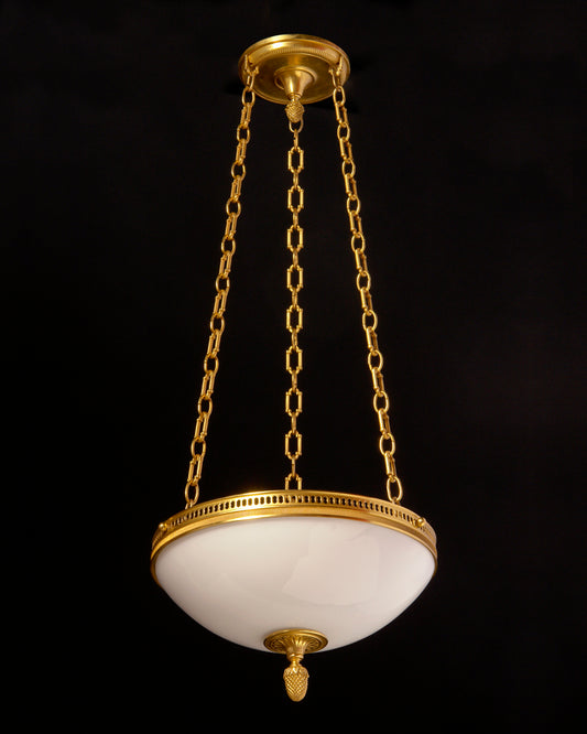 Gilt Bronze Gallery and Opaline Glass Three Light Pendant