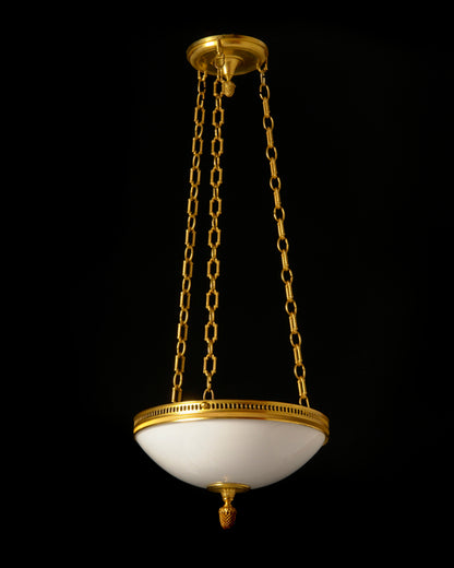 Gilt Bronze Gallery and Opaline Glass Three Light Pendant