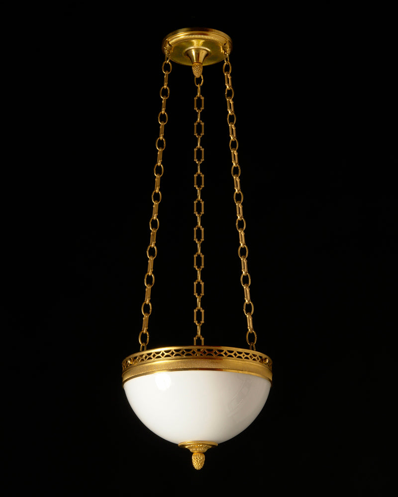 Gilt Bronze Demilune Motif Gallery Three Light Pendant With Opal
