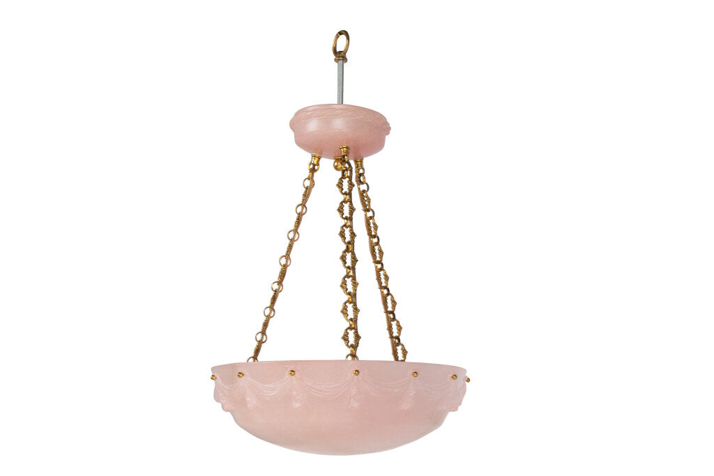 Hand Carved Pink Colored Alabaster Three Light Pendant With Bras Default