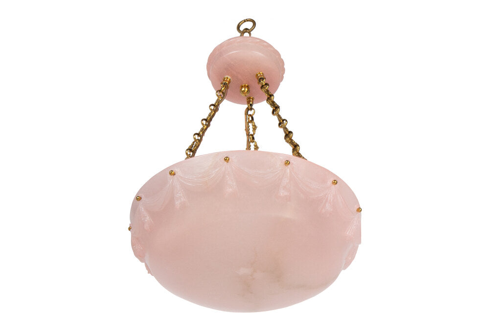 Hand Carved Pink Colored Alabaster Three Light Pendant With Bras Default