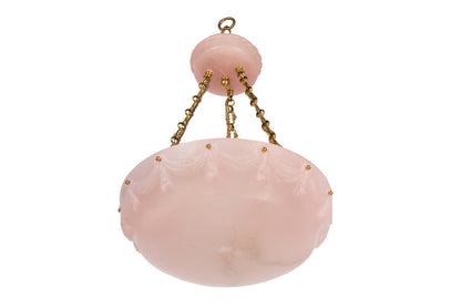 Hand Carved Pink Colored Alabaster Three Light Pendant With Bras Default