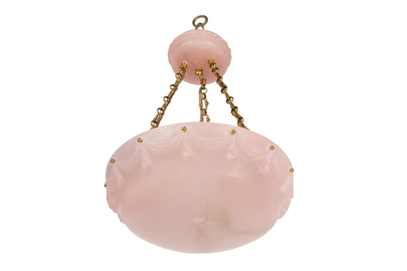 Hand Carved Pink Colored Alabaster Three Light Pendant With Bras