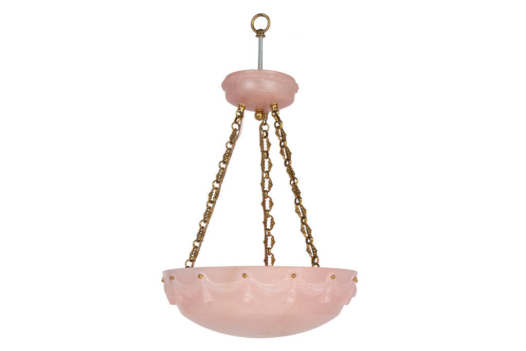 Hand Carved Pink Colored Alabaster Three Light Pendant With Bras Default