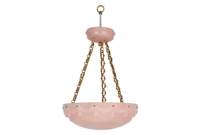Hand Carved Pink Colored Alabaster Three Light Pendant With Bras Default