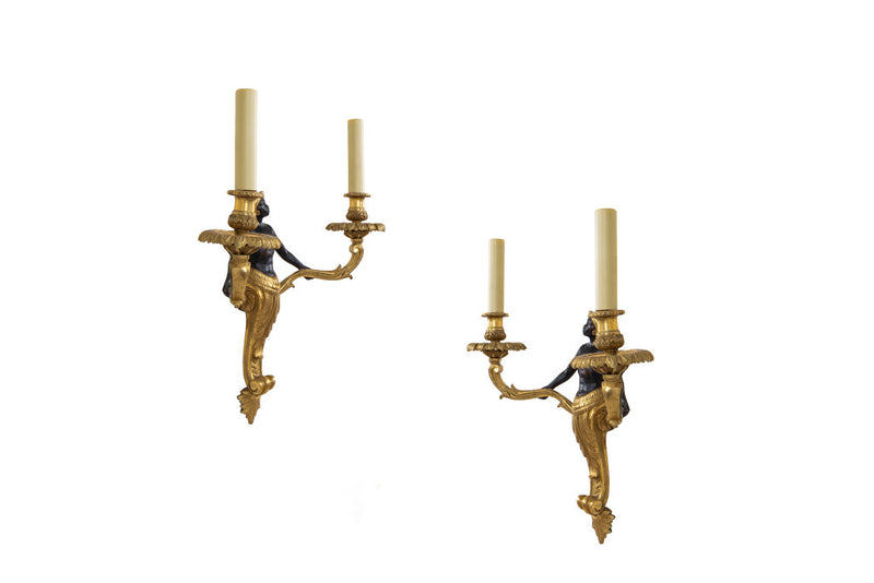 Gilt And Patinated Bronze Arabian Motif Left And Right Two Light