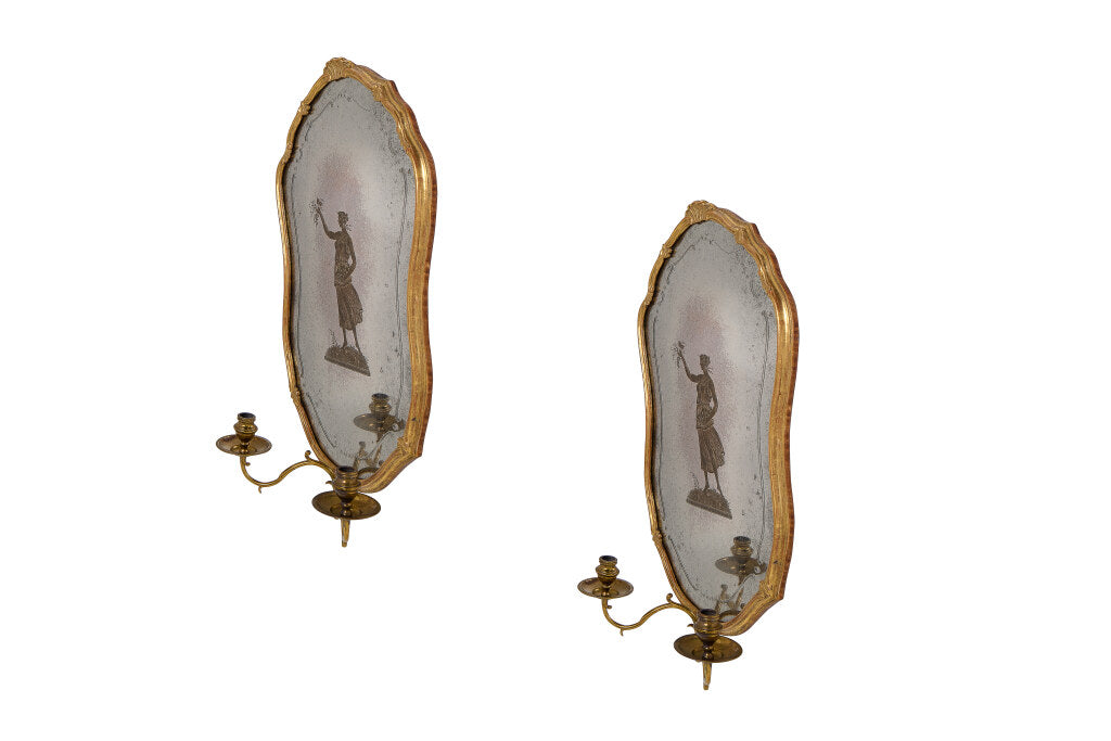 Giltwood, Gesso And Brass Hand Etched Mirror Backed Two Light Sc Default