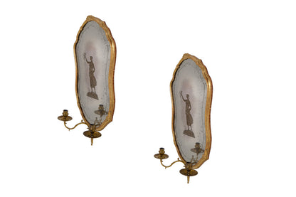 Giltwood, Gesso And Brass Hand Etched Mirror Backed Two Light Sc Default