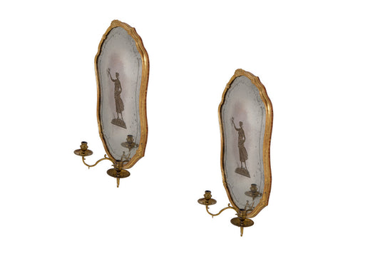 Giltwood, Gesso And Brass Hand Etched Mirror Backed Two Light Sc Default