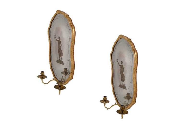 Giltwood, Gesso And Brass Hand Etched Mirror Backed Two Light Sc