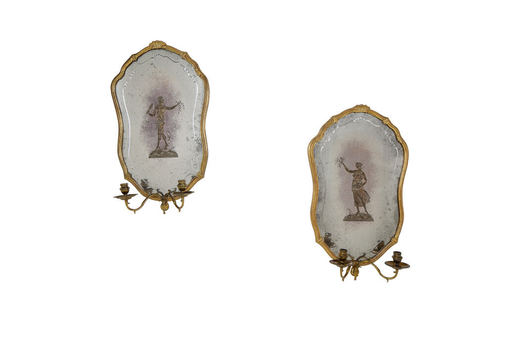 Giltwood, Gesso And Brass Hand Etched Mirror Backed Two Light Sc Default