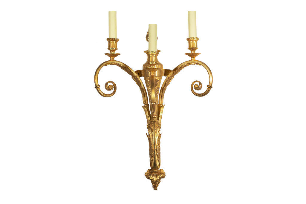 Gilt Bronze L.XVI Style Scrolled Arm Three Light Sconce Default
