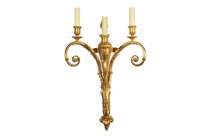 Gilt Bronze L.XVI Style Scrolled Arm Three Light Sconce Default