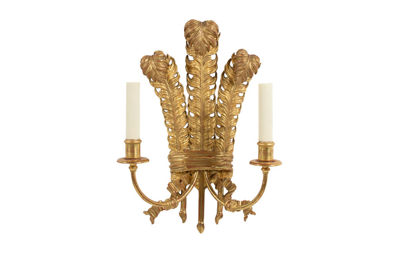 Giltwood And Gesso Price Of Wales Feather Motif Two Light Sconce