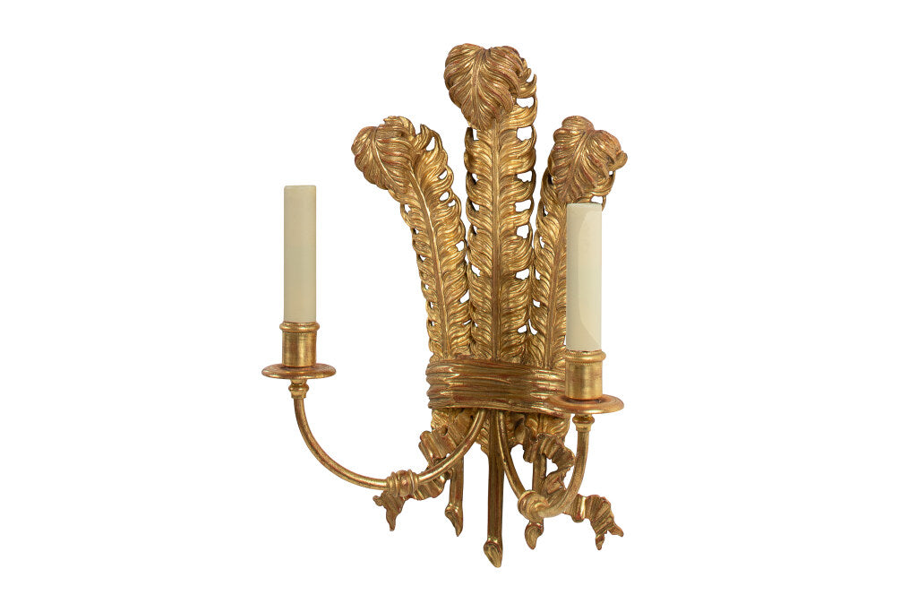 Giltwood And Gesso Price Of Wales Feather Motif Two Light Sconce Default