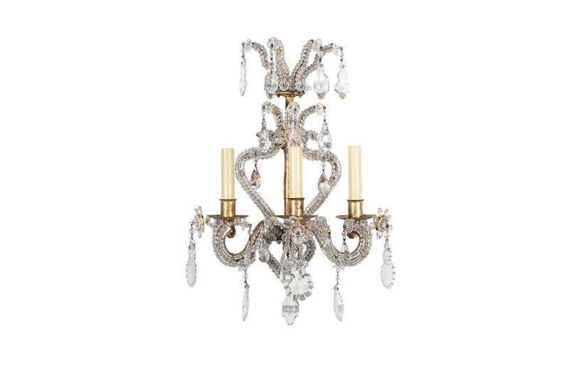 Beaded Crystal And Gilt Iron Genoese Style Three Light Sconce