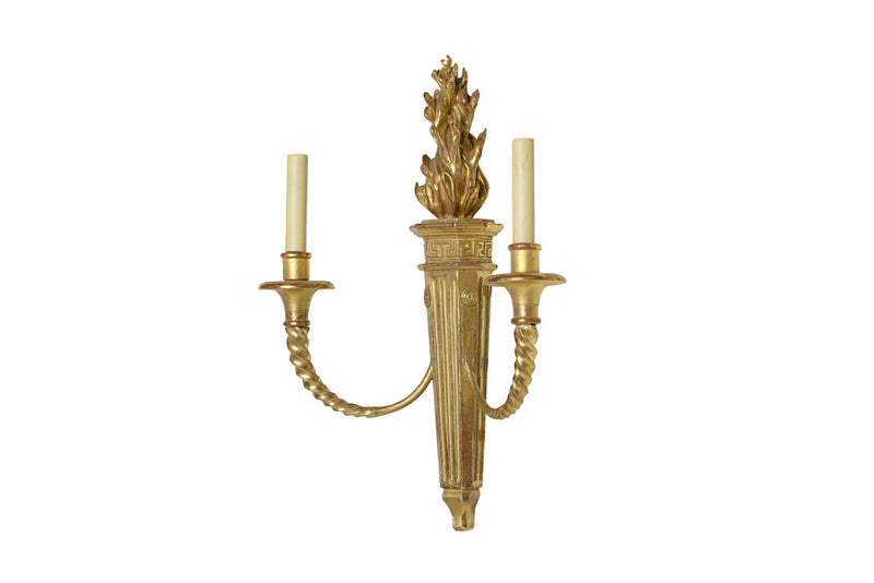 Giltwood And Gesso Empire Style Two Light Sconce With Flame