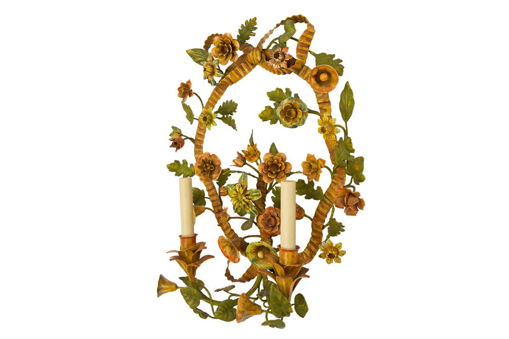 Polychrome Iron Floral Motif Two Light Sconce Default