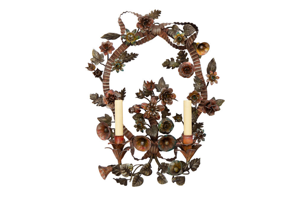 Polychrome Iron Floral Motif Two Light Sconce Default