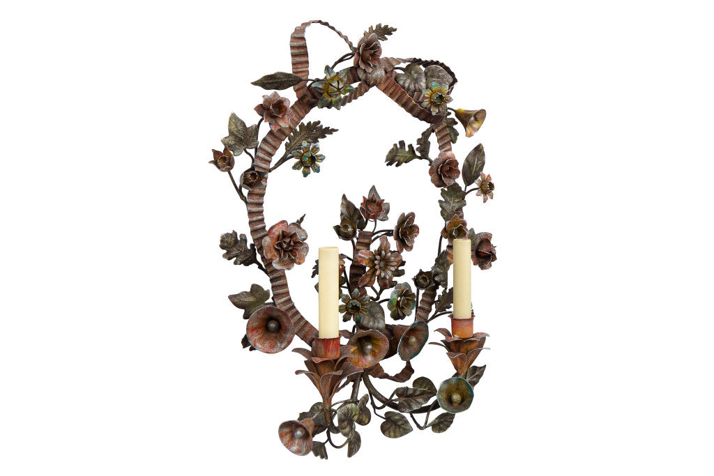 Polychrome Iron Floral Motif Two Light Sconce Default