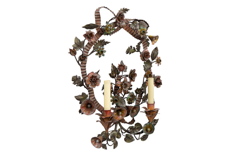 Polychrome Iron Floral Motif Two Light Sconce