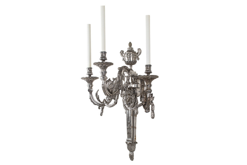Antique Silvered Bronze L.XVI Style Three Light Sconce With Masks Default