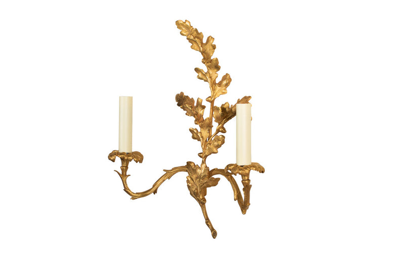 Gilt Bronze Oak Leaf And Acorn Motif  Left And Right Two Light Sconce