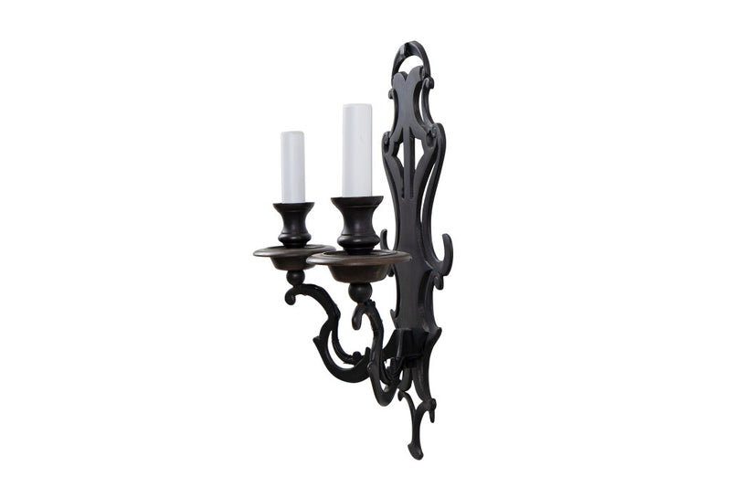 Brass Oxidized Open Fretwork Back Two Light Sconce