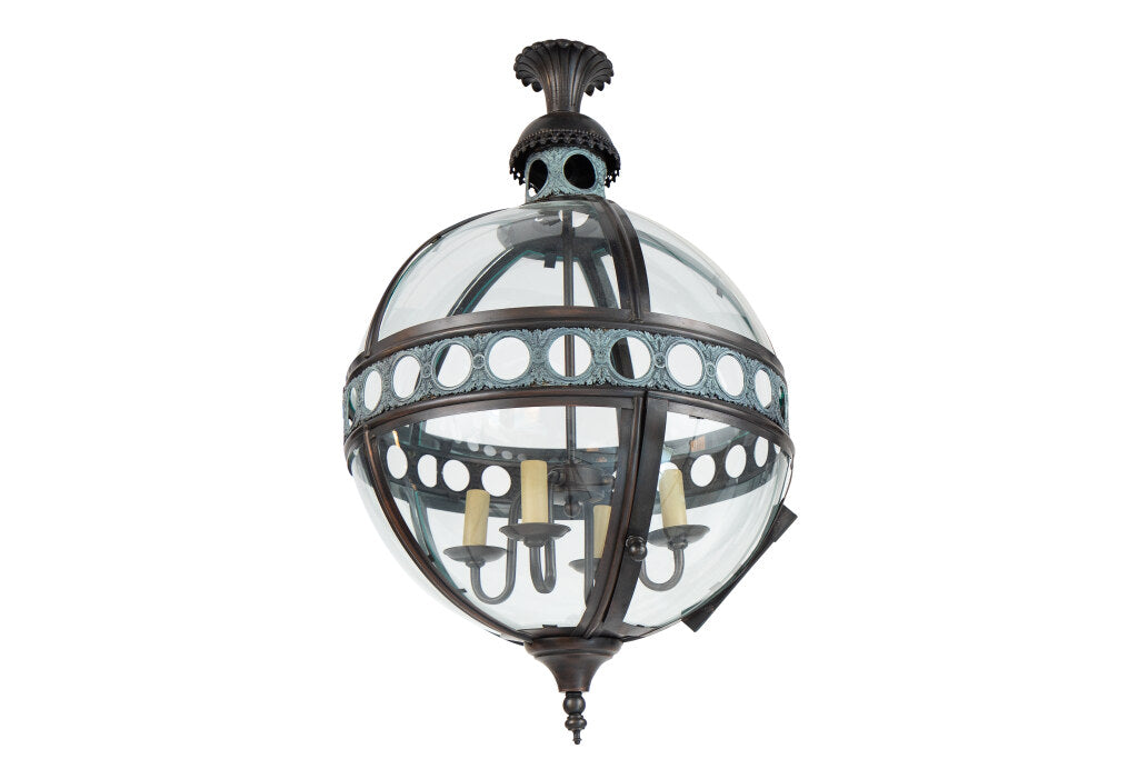 Patinated Tole And Bent Glass Paneled Victorian Style Four Light Default