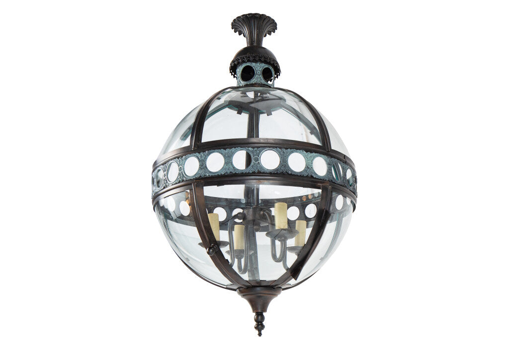 Patinated Tole And Bent Glass Paneled Victorian Style Four Light Default