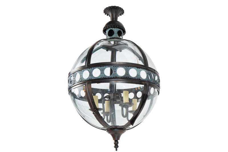 Patinated Tole And Bent Glass Paneled Victorian Style Four Light