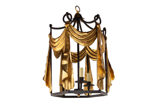TENDE  Black And Gilt Iron Three Light Lantern With Swag And Dra Default