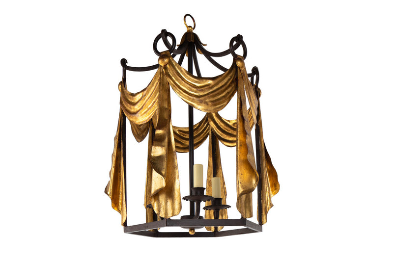 TENDE  Black And Gilt Iron Three Light Lantern With Swag And Dra