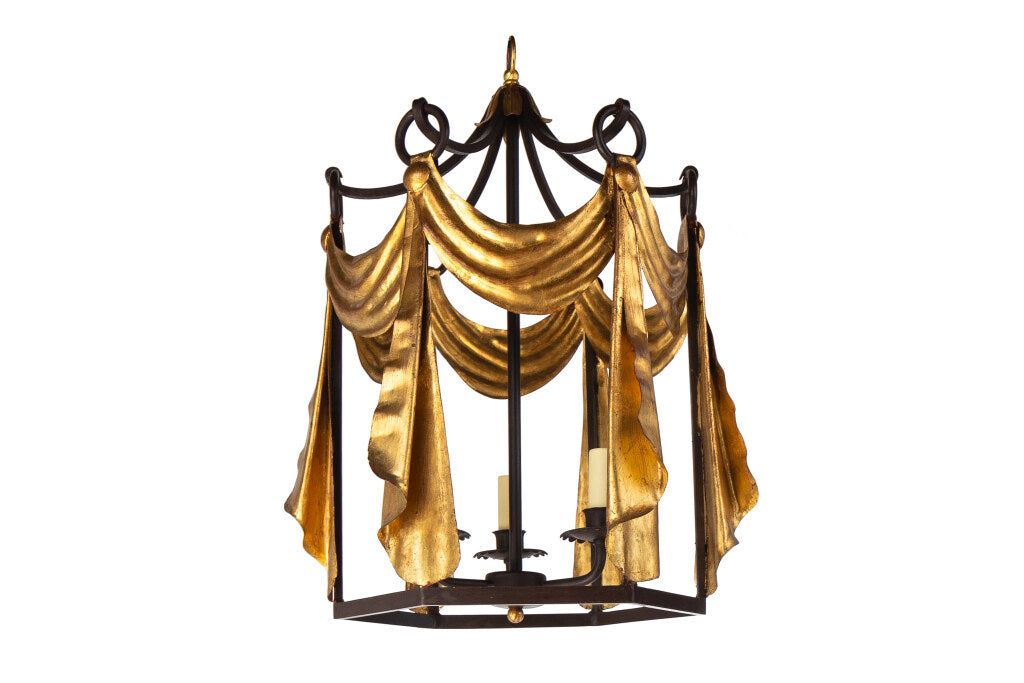 TENDE  Black And Gilt Iron Three Light Lantern With Swag And Dra Default