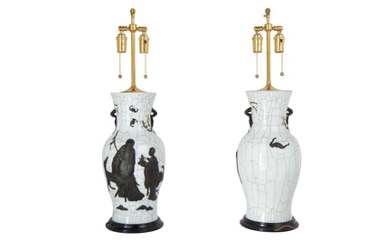 Crackleware Chinese Porcelain Lamps With Applied Decoration, Chi