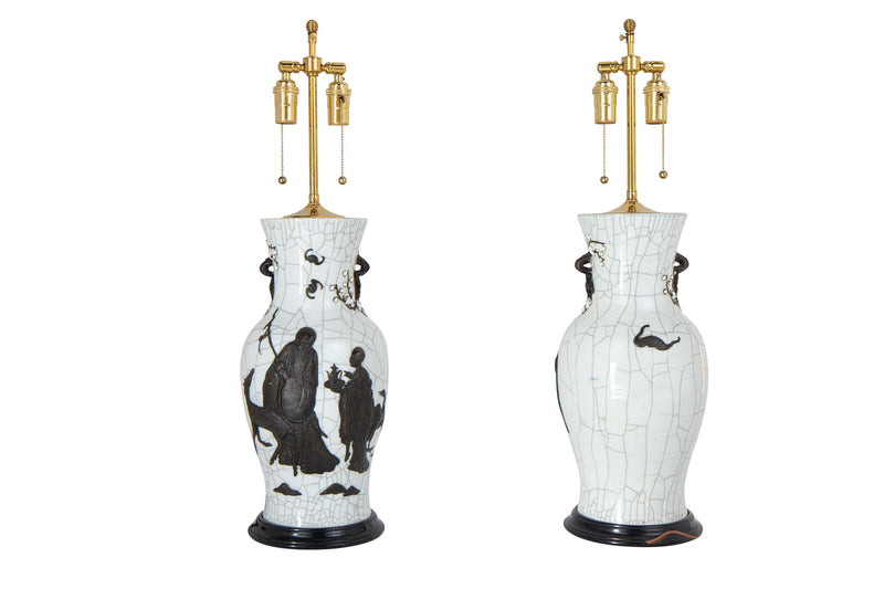 Crackleware Chinese Porcelain Lamps With Applied Decoration, Chi
