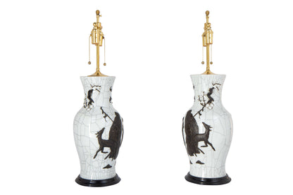 Crackleware Chinese Porcelain Lamps With Applied Decoration, Chi